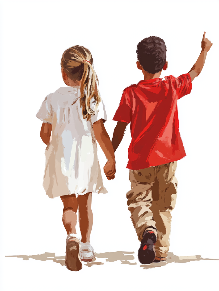 Two happy kids in red and white walk