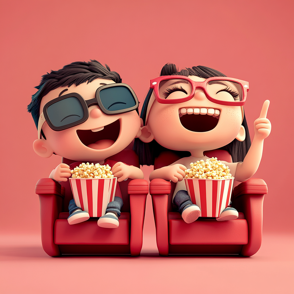 Two happy kids watching movie in 3D.