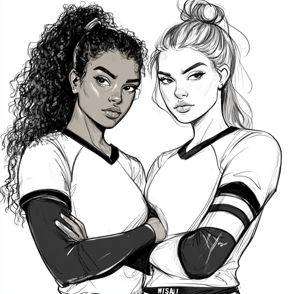 Two high school volleyball girls in sketch style drawing.