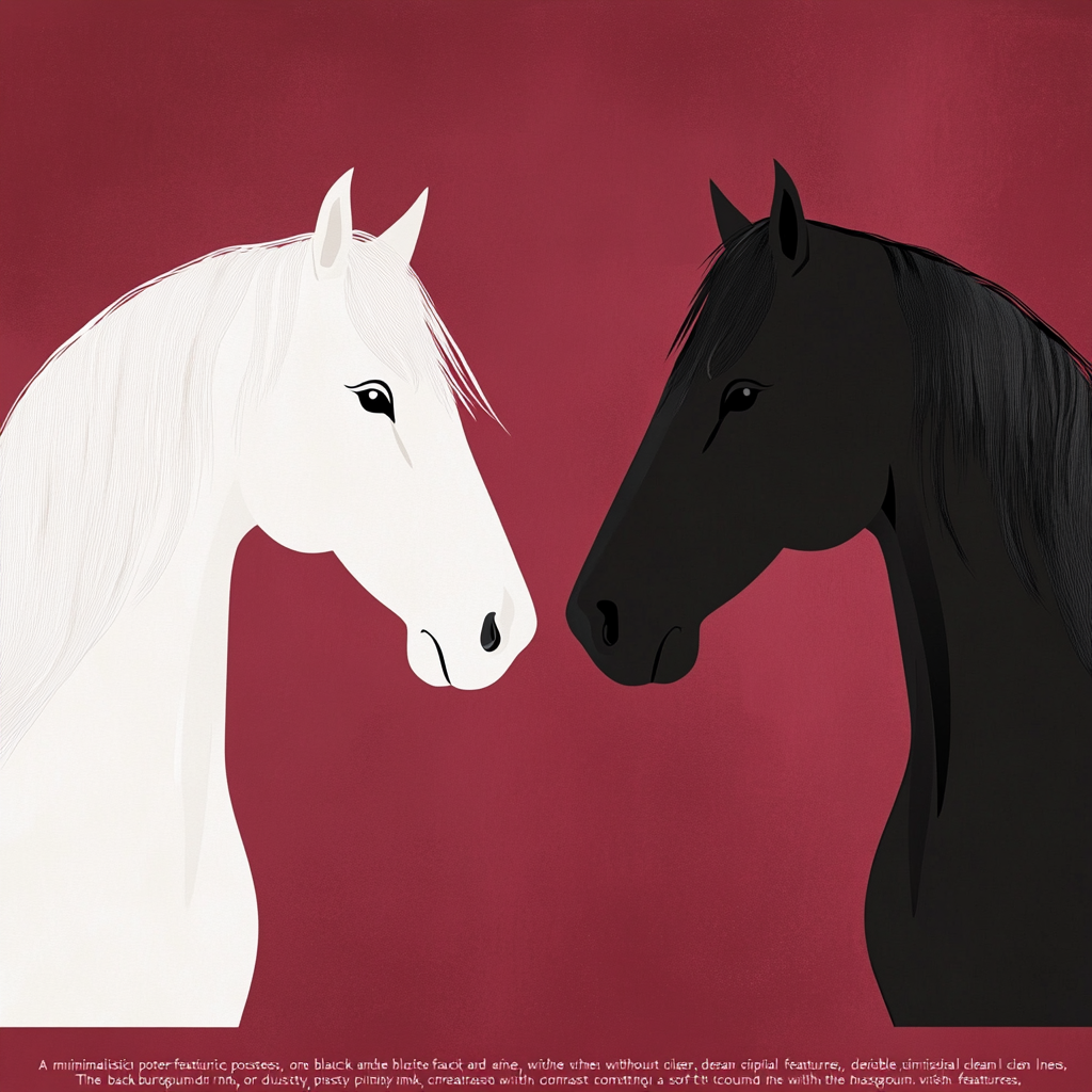 Two horses, black and white, facing each other elegantly.