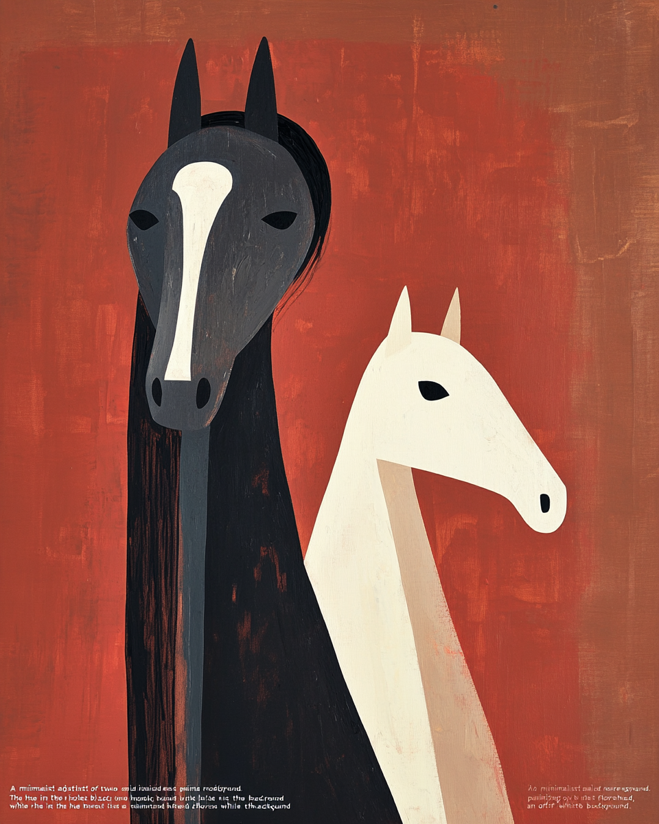 Two horses in black and cream on red background.