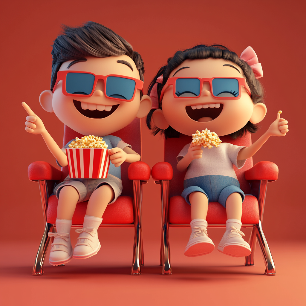 Two kids eating popcorn and watching a movie.