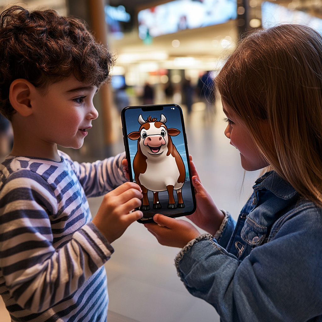 Two kids play AR/VR game with cartoon cow.