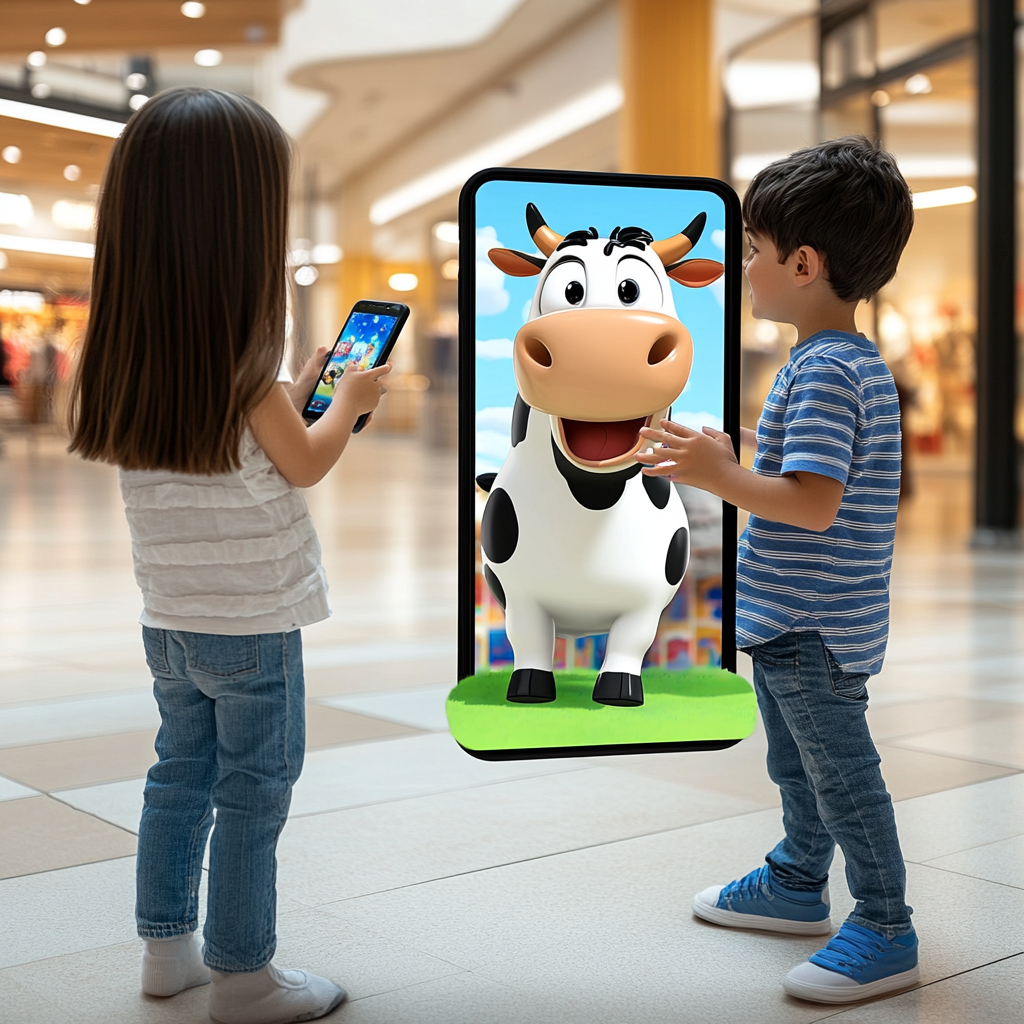 Two kids playing with phone at mall.