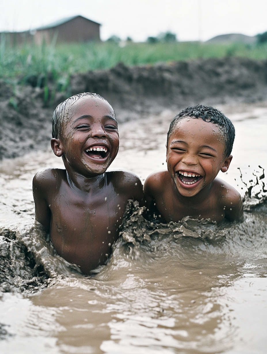 Two laughing brothers playing in muddy rainstorm