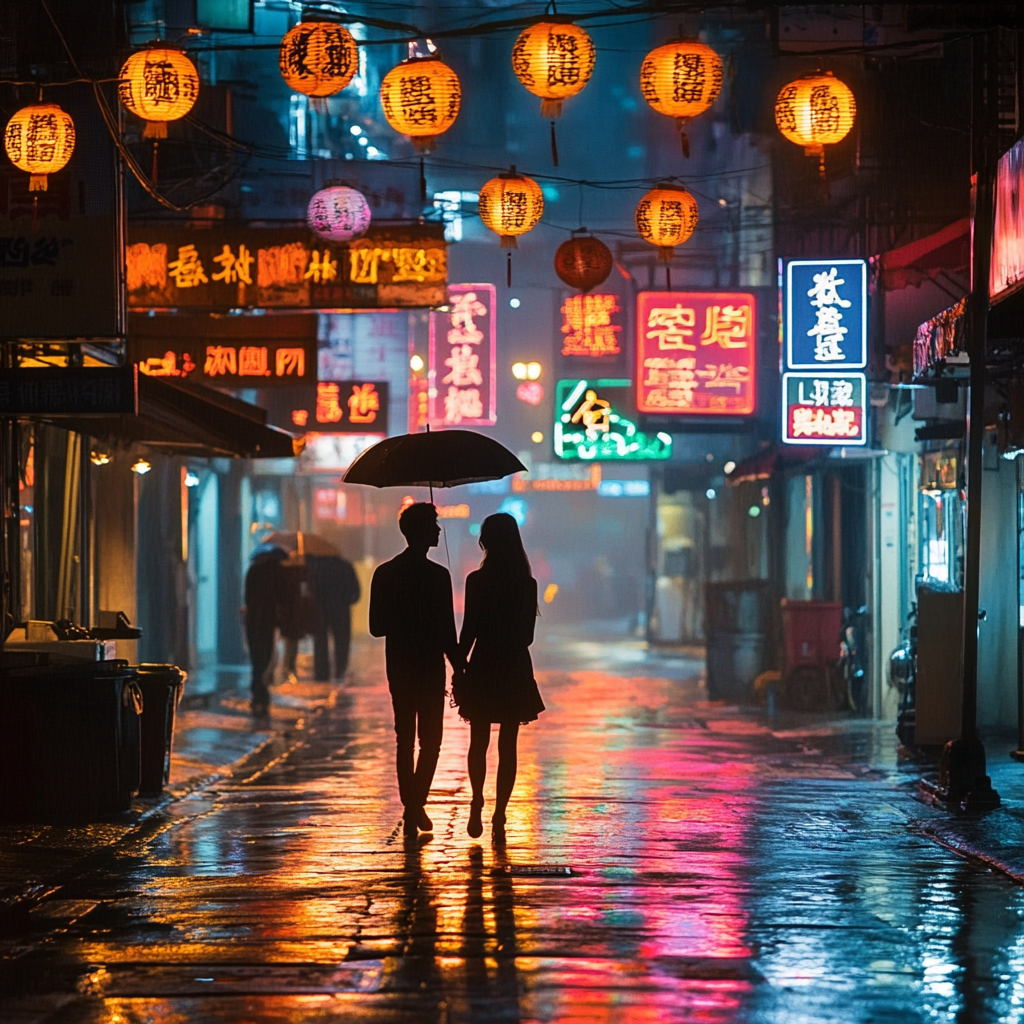 Two lovers stroll through rainy, neon-lit Hong Kong evening.