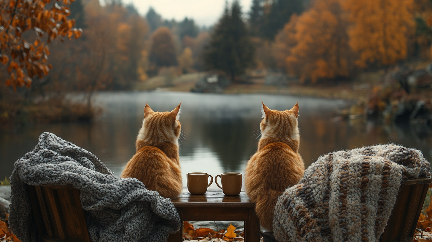 Two luxury cats enjoying autumn by the lake.