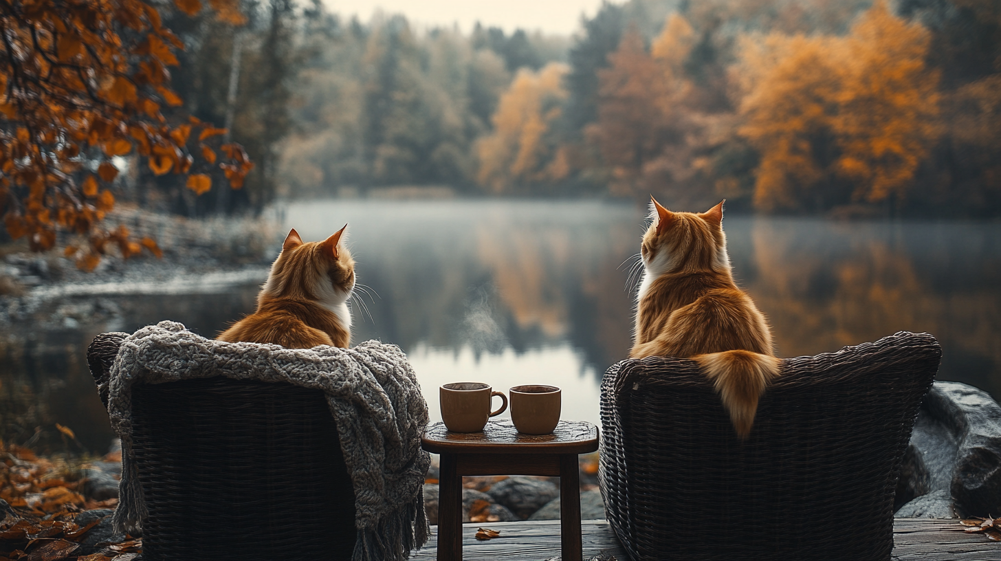 Two luxury cats on chairs, autumn lake view.