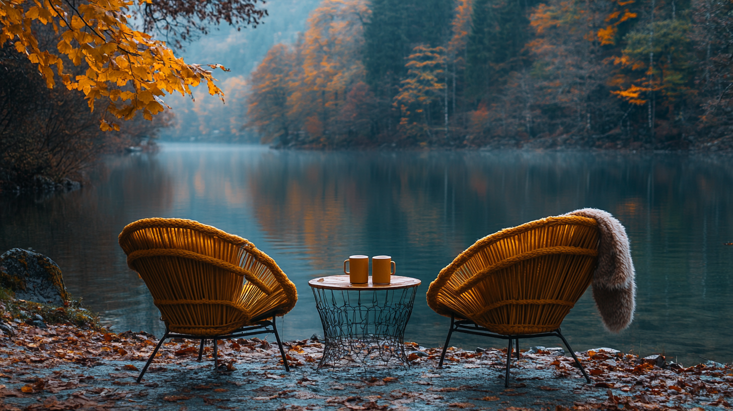 Two luxury chairs facing calm lake, autumn forest behind.