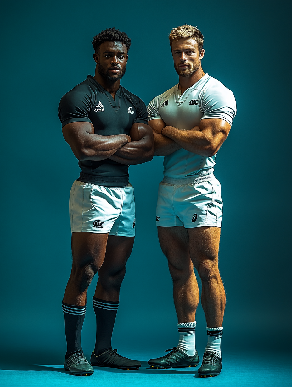 Two male rugby players in cyan and black jerseys