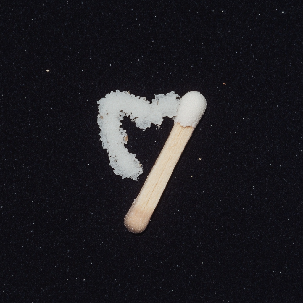 Two matchsticks making heart shape, flash photography, film.