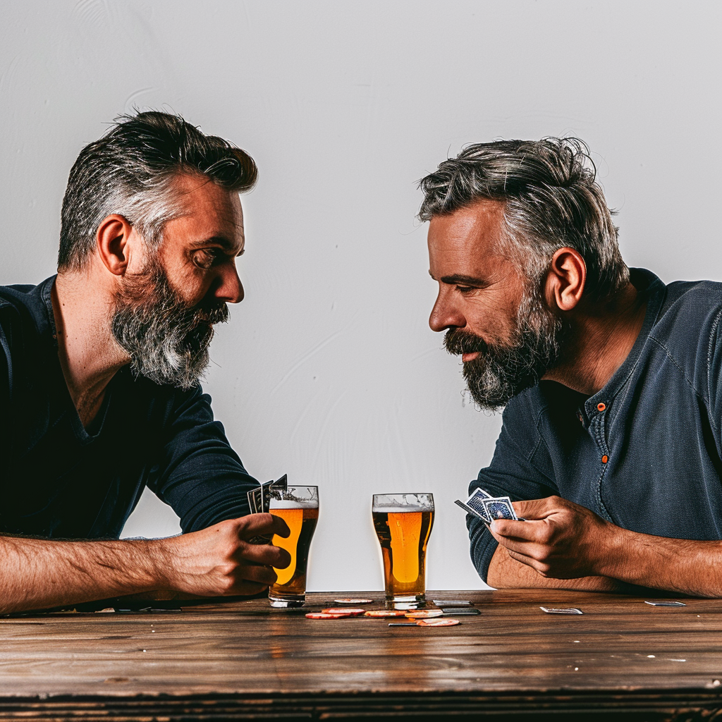 Two men at table playing card game.