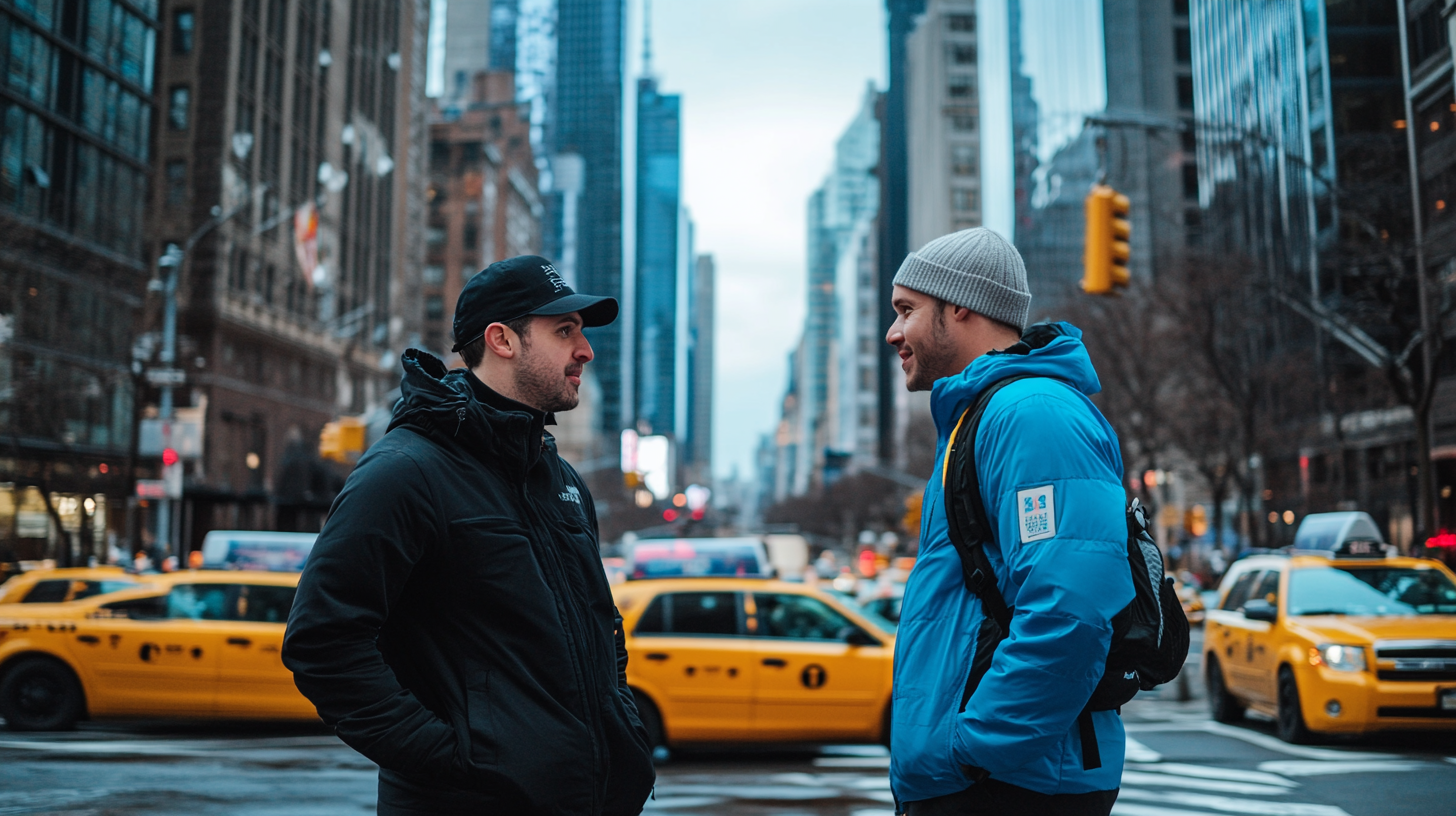 Two men in NYC: one in black, one blue.