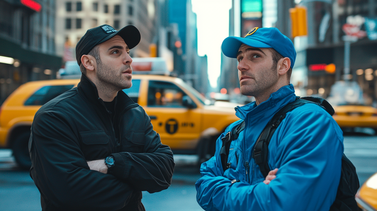 Two men in New York City with yellow cabs