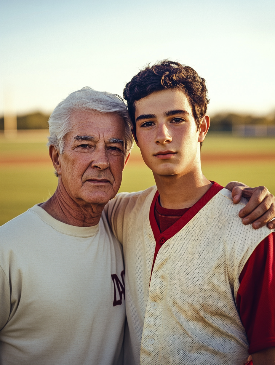 Two men in baseball uniforms on baseball field.