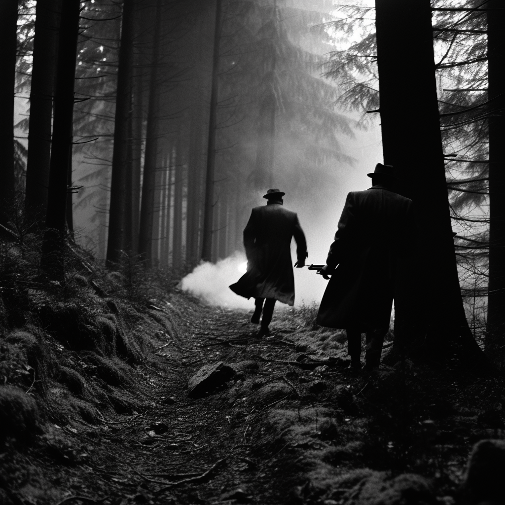 Two men in black mackintoshes run through dense forest.