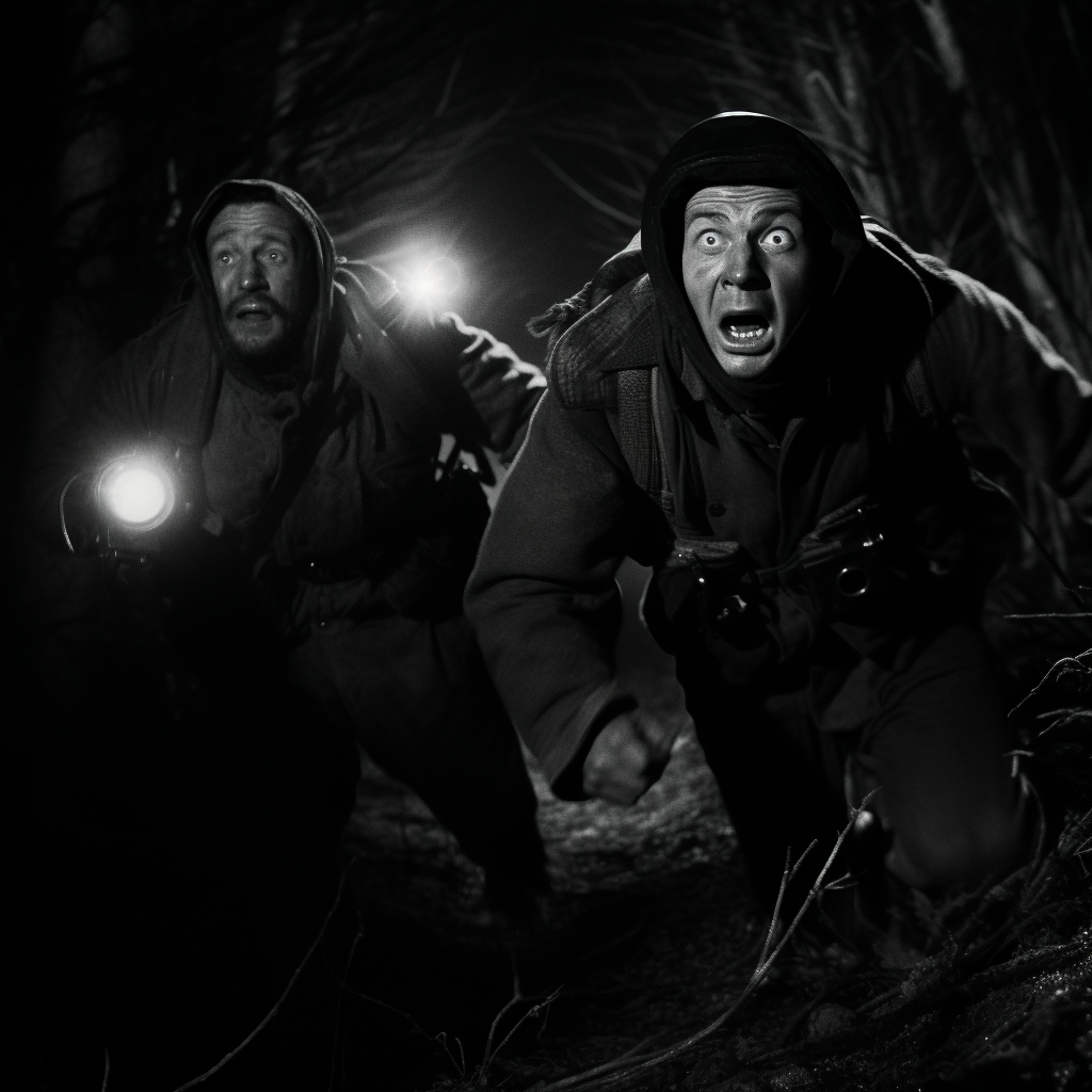 Two men in black run through dark forest.