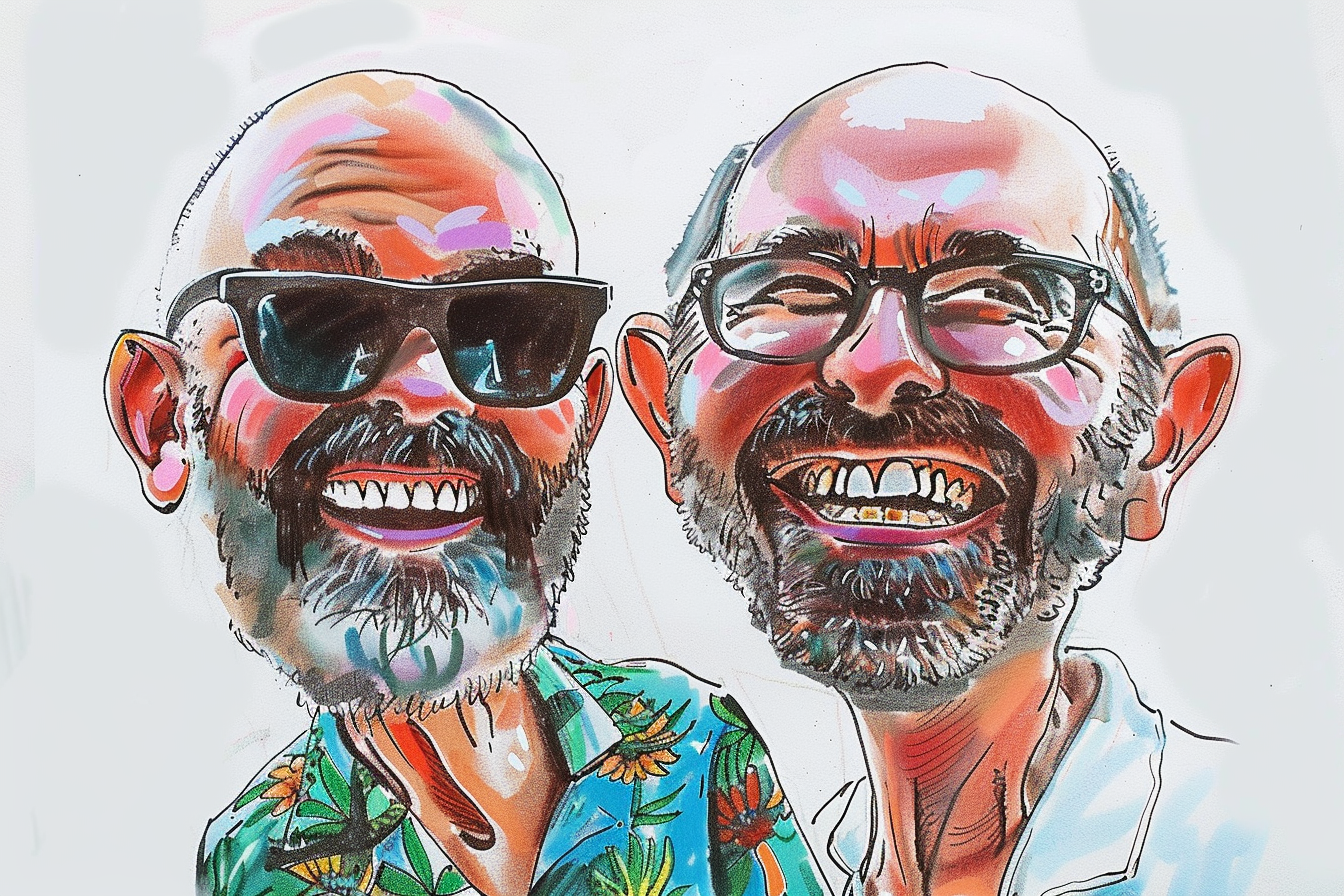 Two men in caricature drawing, one with gray beard.