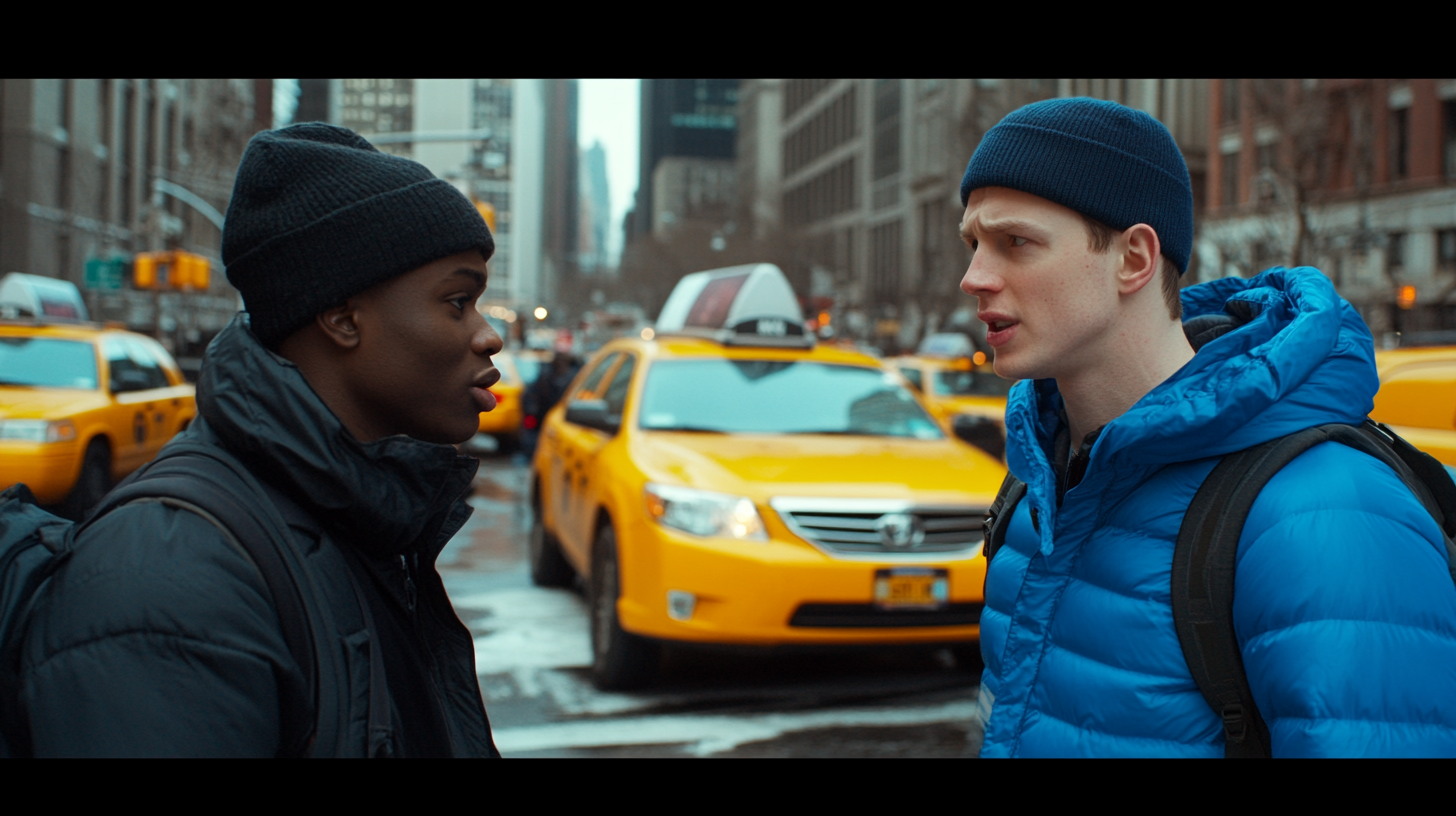 Two men in different colors in NYC.