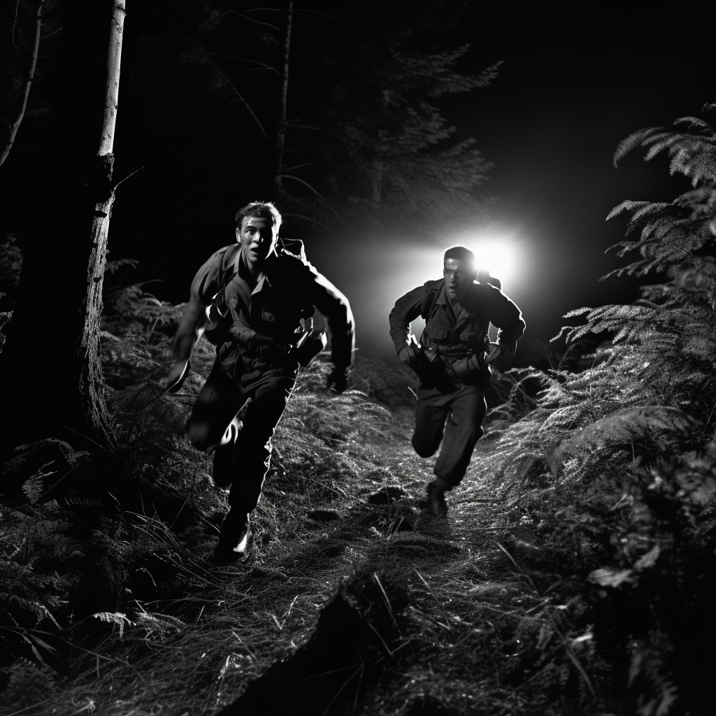 Two men in headlamps and mackintoshes run through forest.