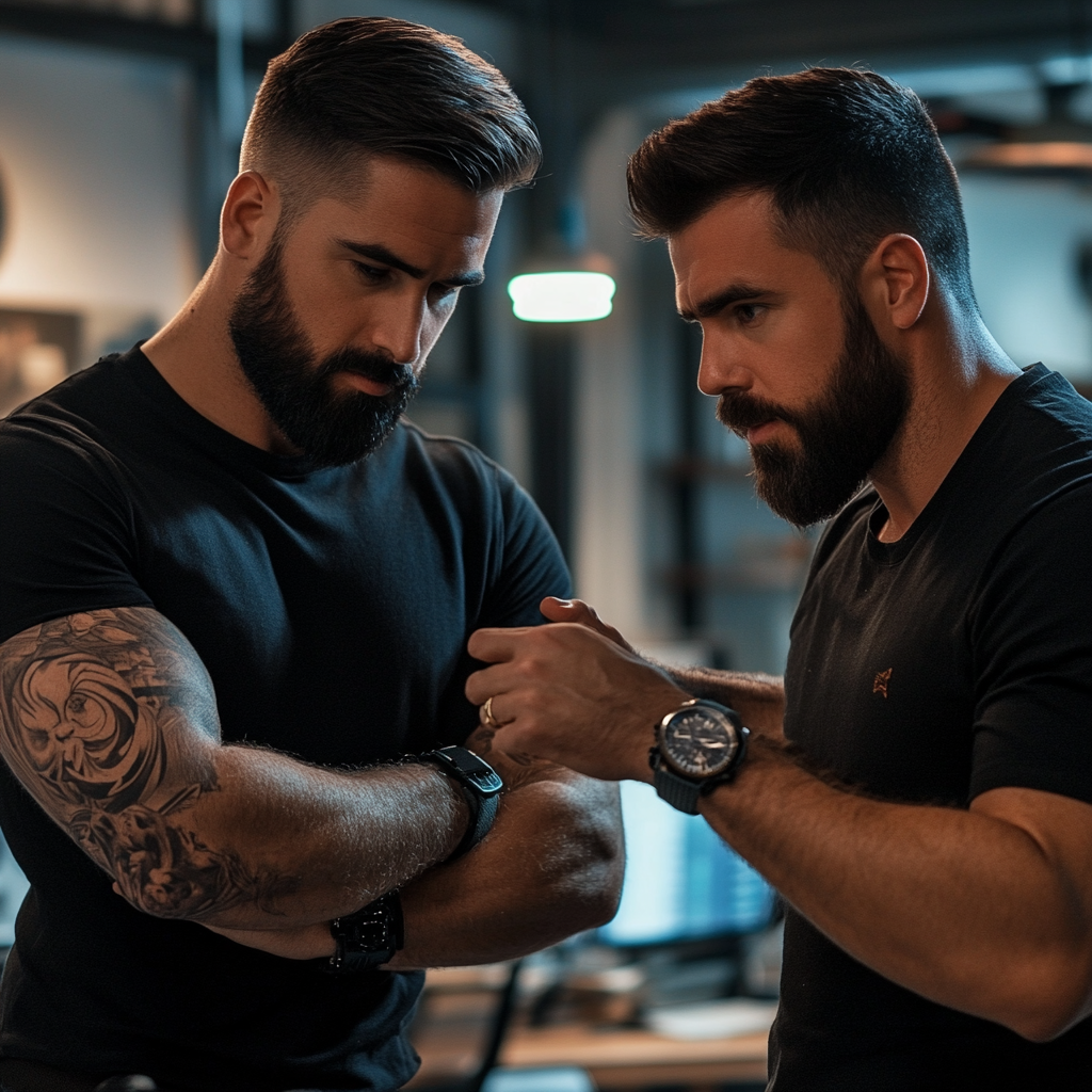 Two men in trendy office, one shows arm.