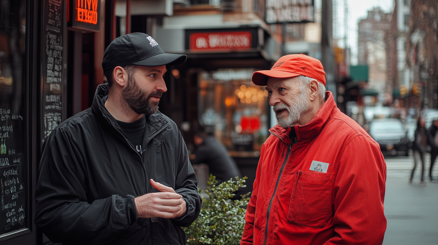 Two men meet in New York City restaurant.