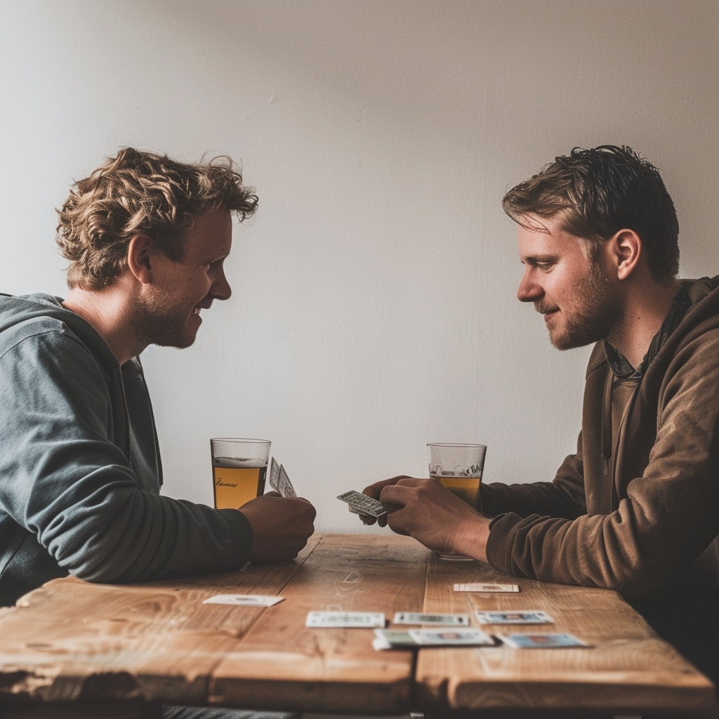 Two men playing card game at table with beer.