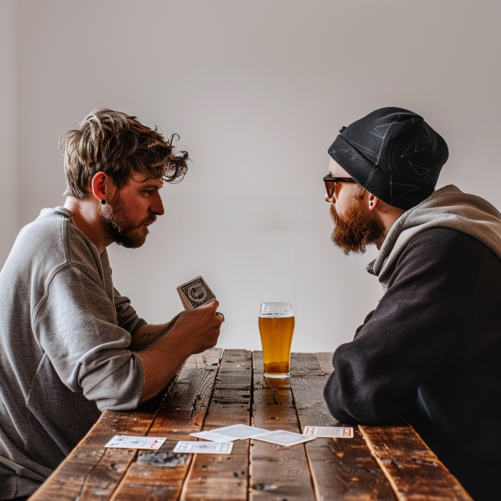 Two men playing card game with beer and table.