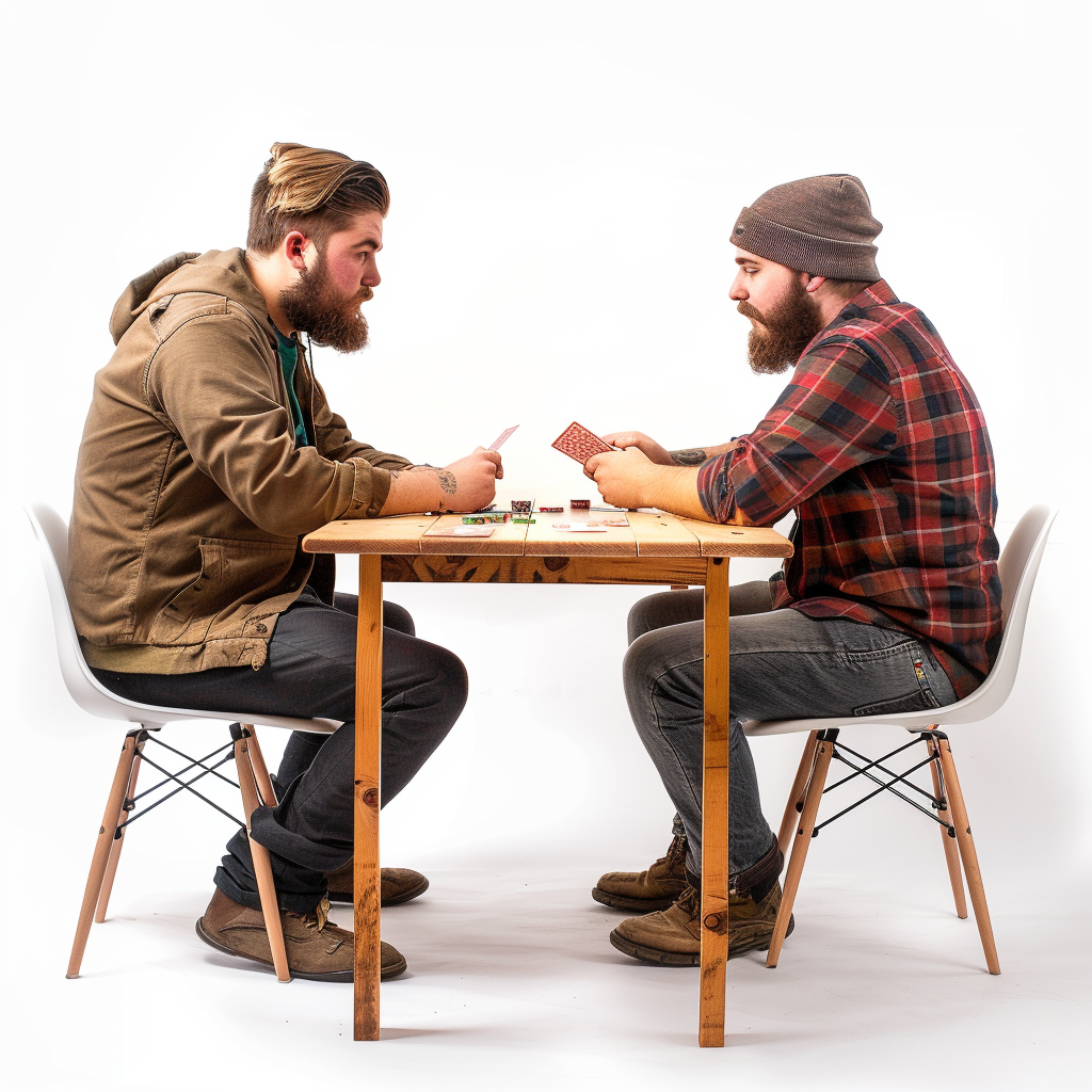 Two men playing cards at wooden table.