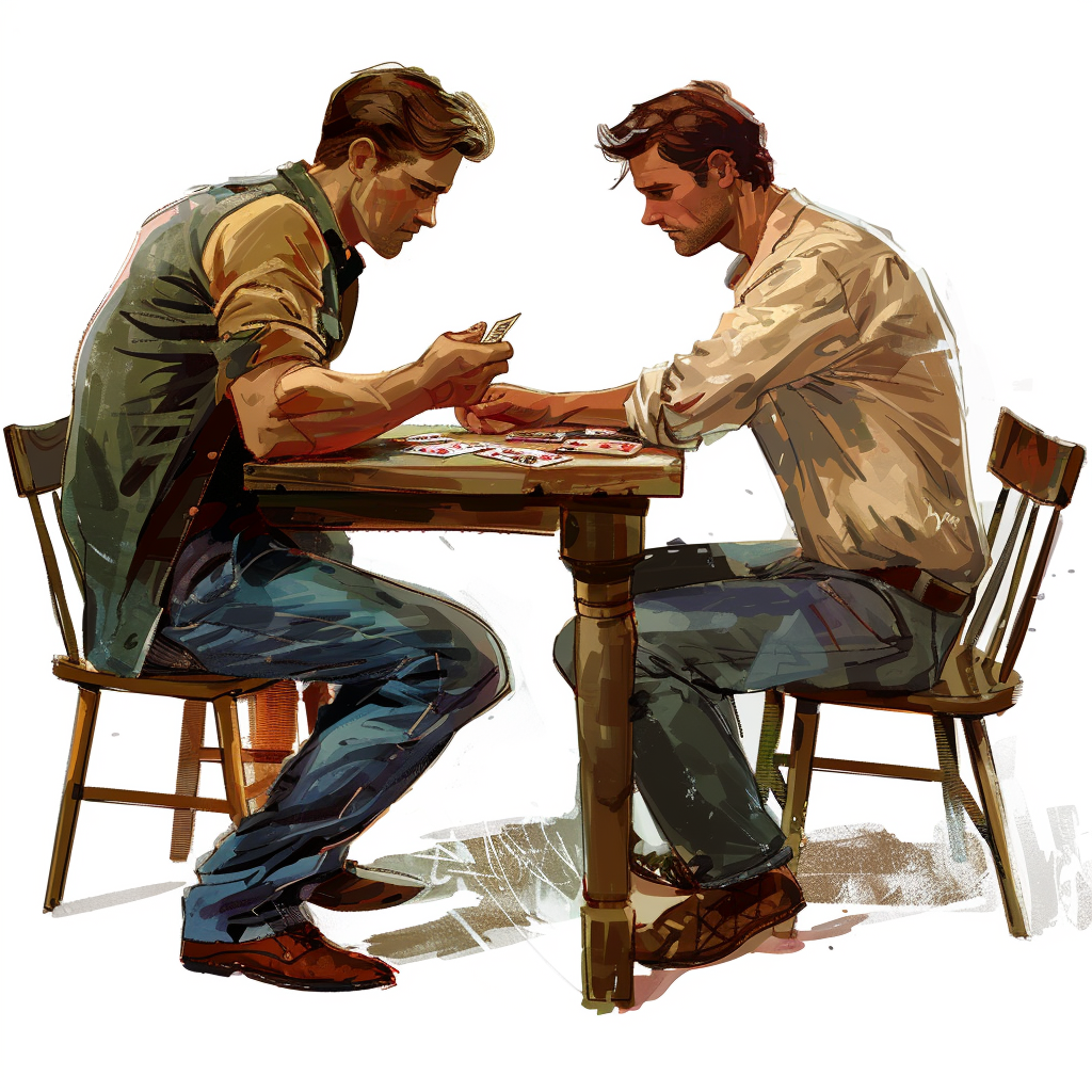 Two men playing cards on wooden table.