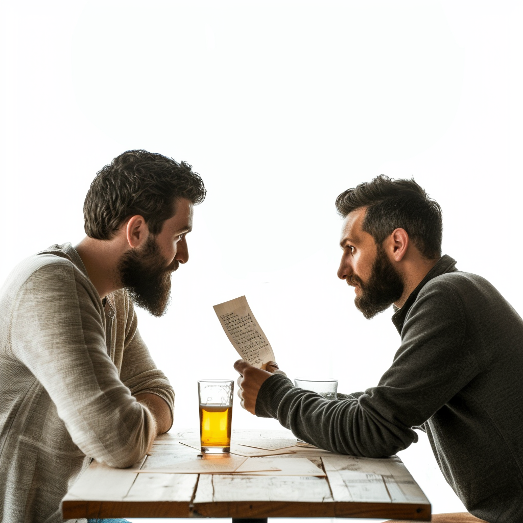 Two men reading letters and drinking beer.