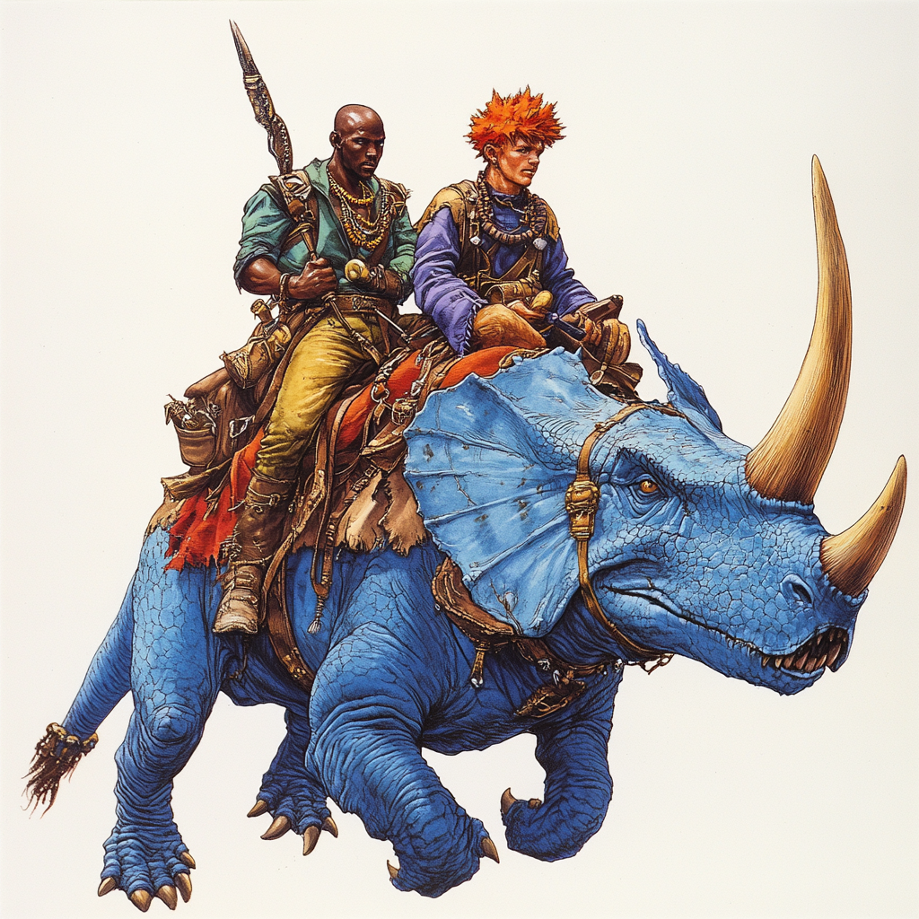 Two men ride a blue Triceratops dinosaur together.