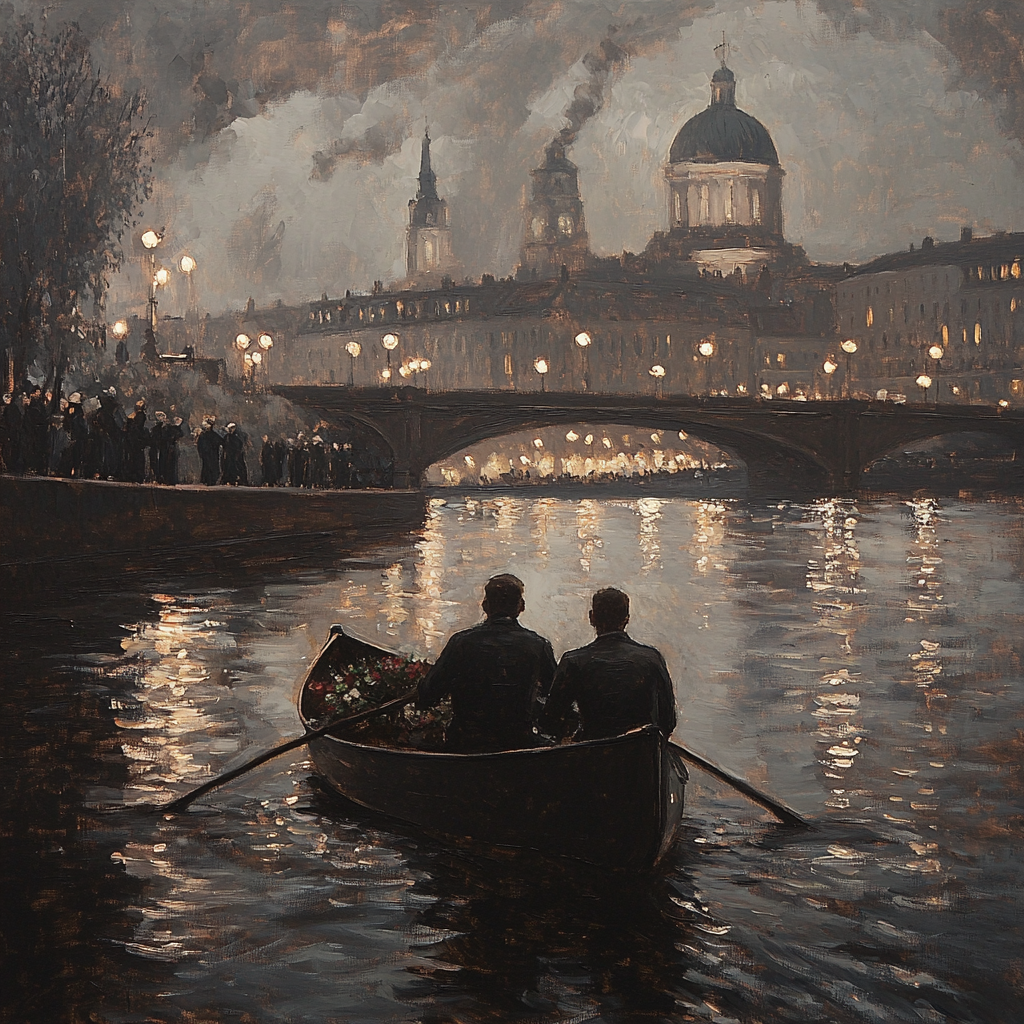 Two men rowing a canoe on Daugava River