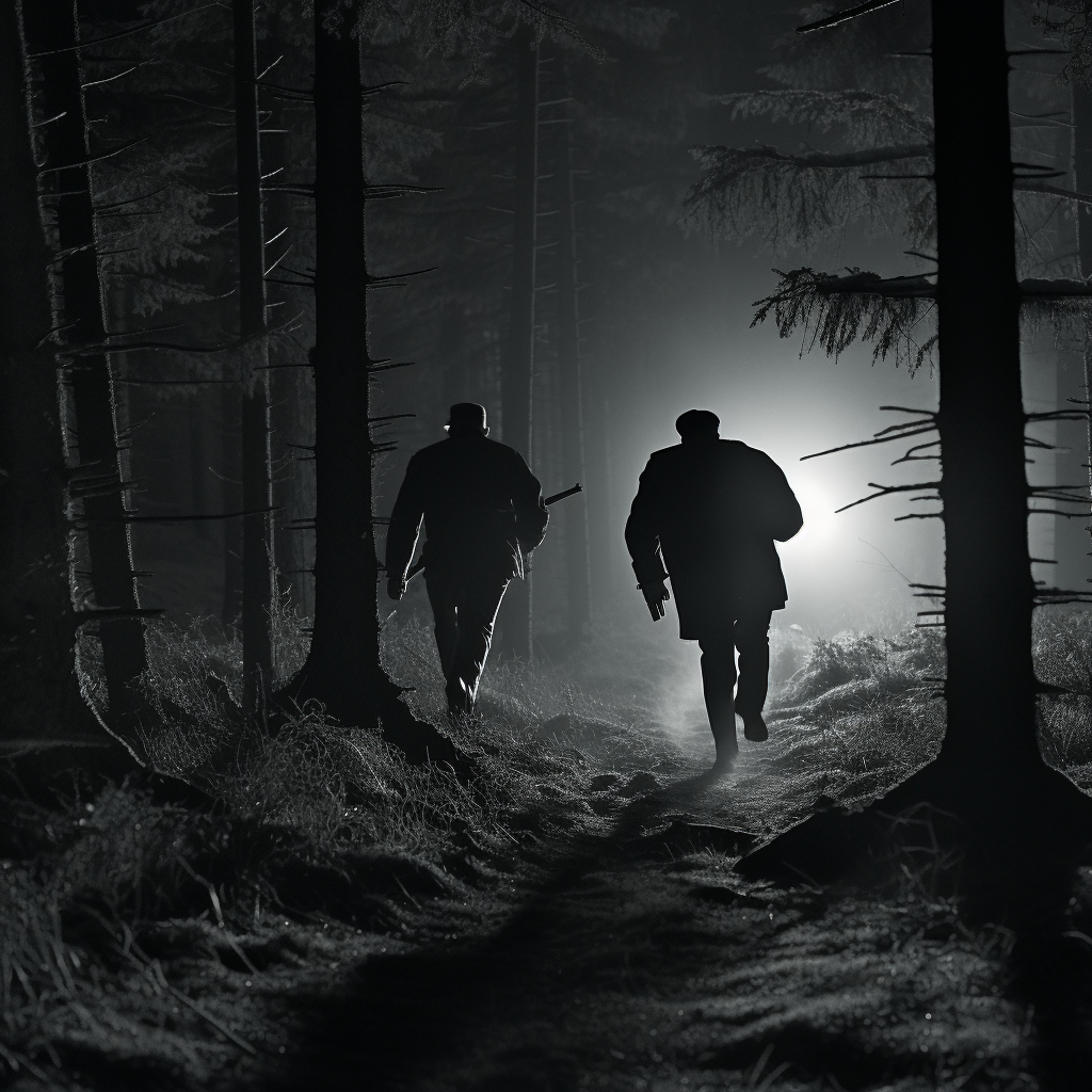 Two men running in forest, black and white.