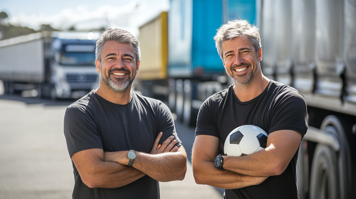 Two men smiling, holding soccer ball, standing together.