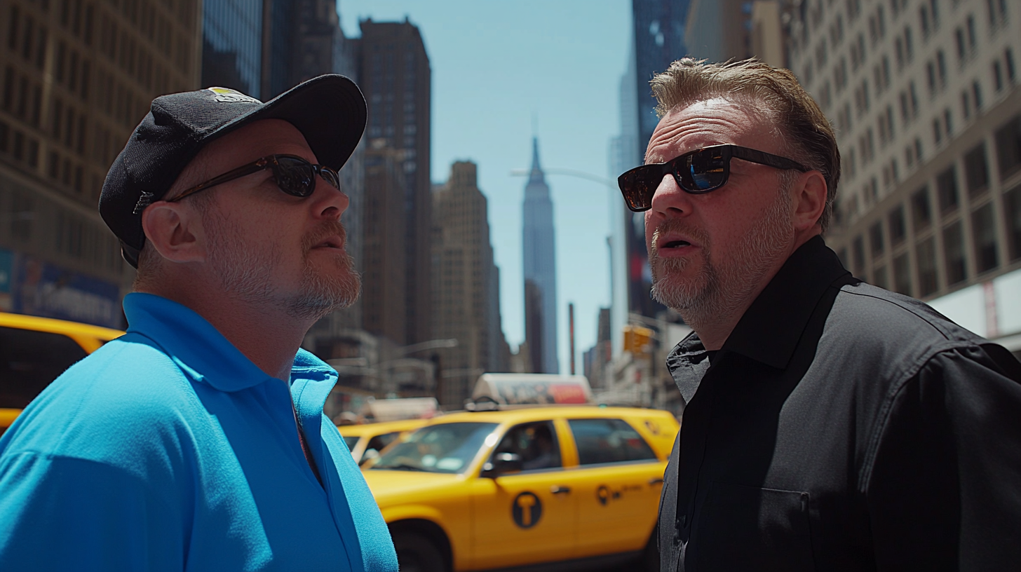 Two men talking in New York City.