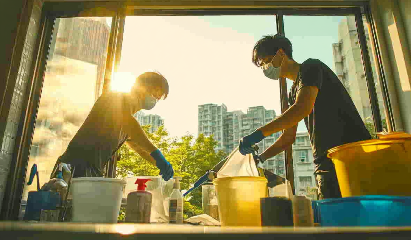 Two men working hard, cleaning windows with care.