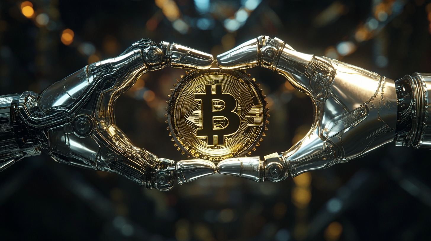 Two metal hands with golden BTC logo between them.