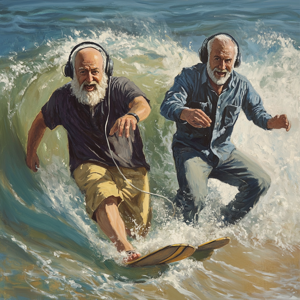 Two old radio DJs surfing together in Malibu.