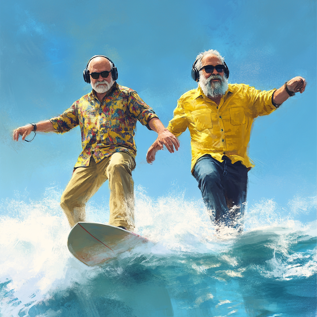 Two older radio DJs surfing on a wave.