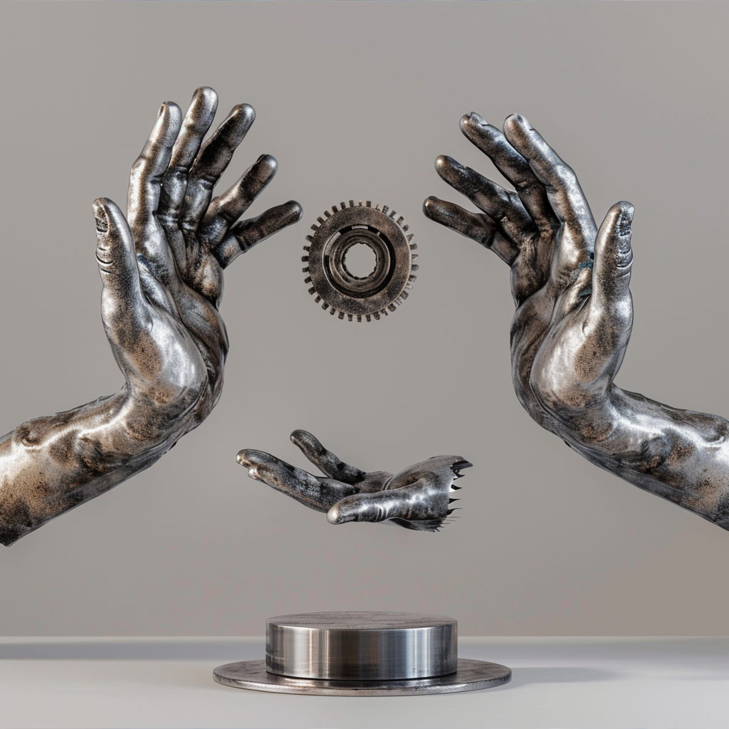 Two open hands holding floating gear, metallic silver.