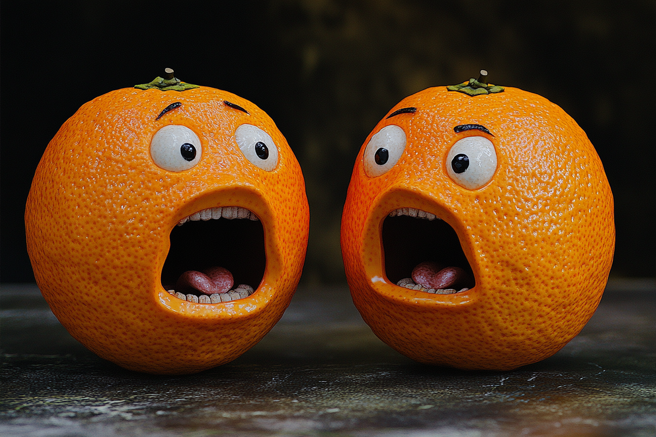 Two oranges talking, don't notice squeezer approaching. Funny.