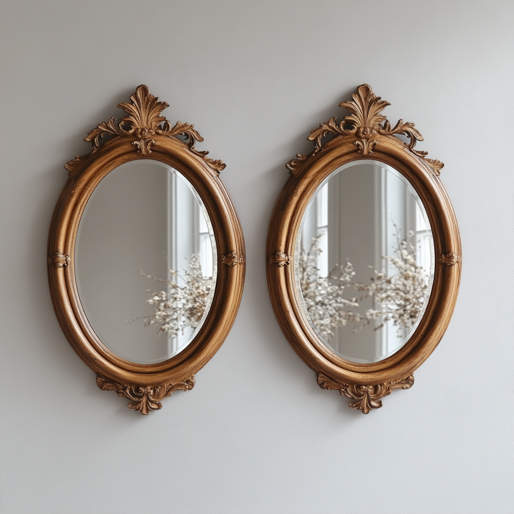 Two oval crystal mirrors with wood frames - pickled.