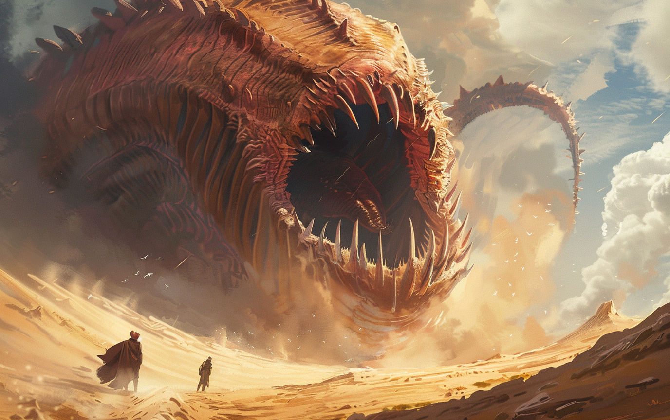 Two people facing giant sandworm with sharp teeth, fantasy.