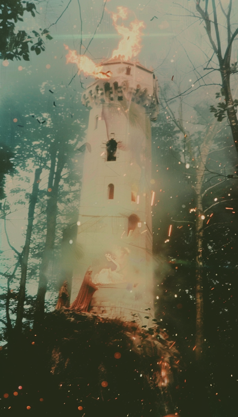 Two people falling from burning white tower in forest.