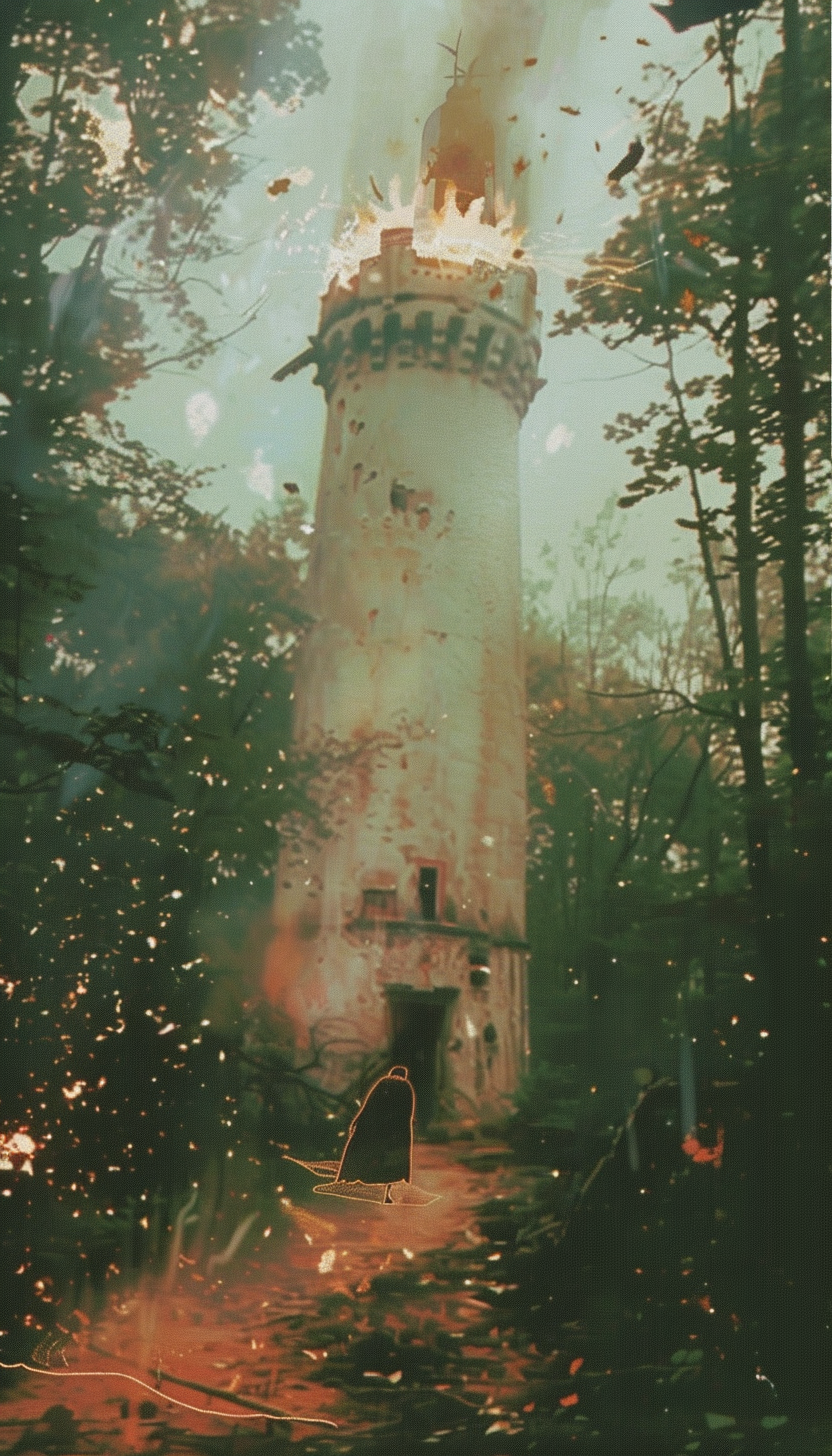 Two people falling off burning tower in dark forest.