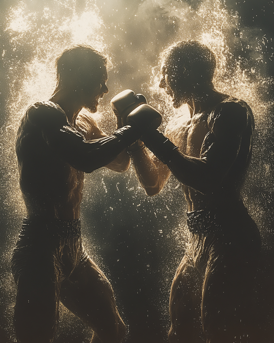 Two people fighting, powerful punches flying furiously in battle.