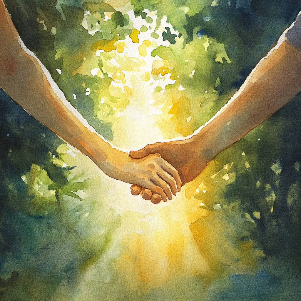 Two people hold hands, sunlight shines between them.