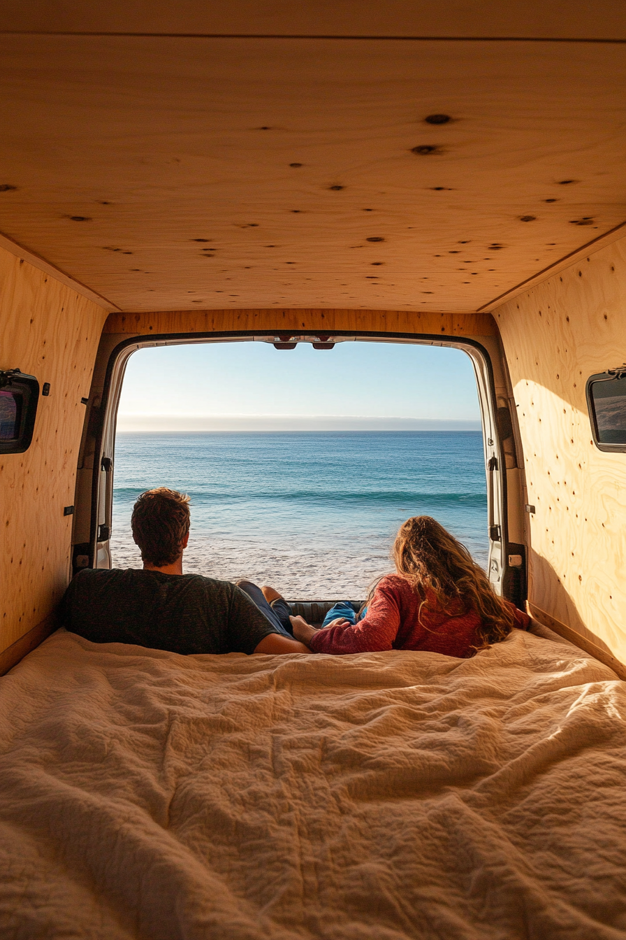 Two people in campervan bed, looking at beach