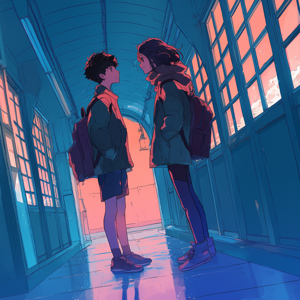 Two people in hallway, romantic Japanese manga style